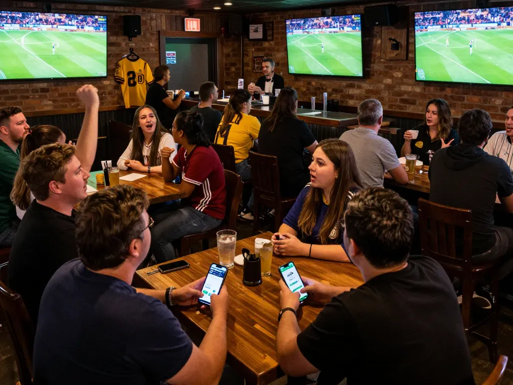 Engaging patrons reviewing kèo nhà cái on smartphone during live sports match excitement