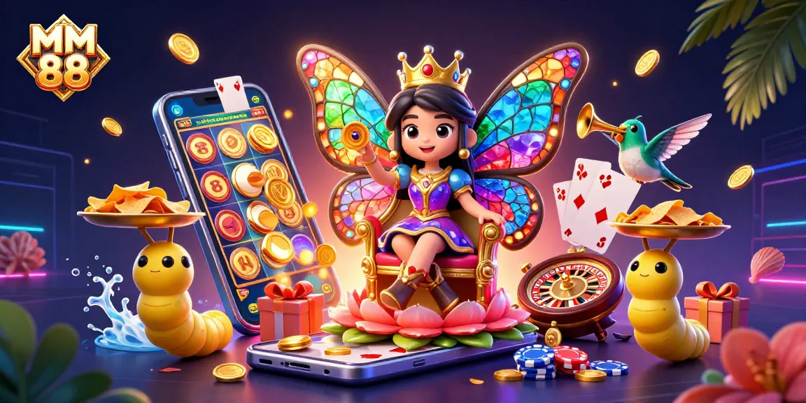 Experience the vibrant world of MM 88 with a colorful casino scene featuring a queen and gaming action.