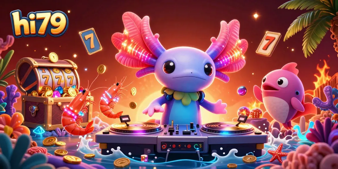 Engage with hi79 in this vibrant casino underwater scene featuring a neon axolotl DJ.