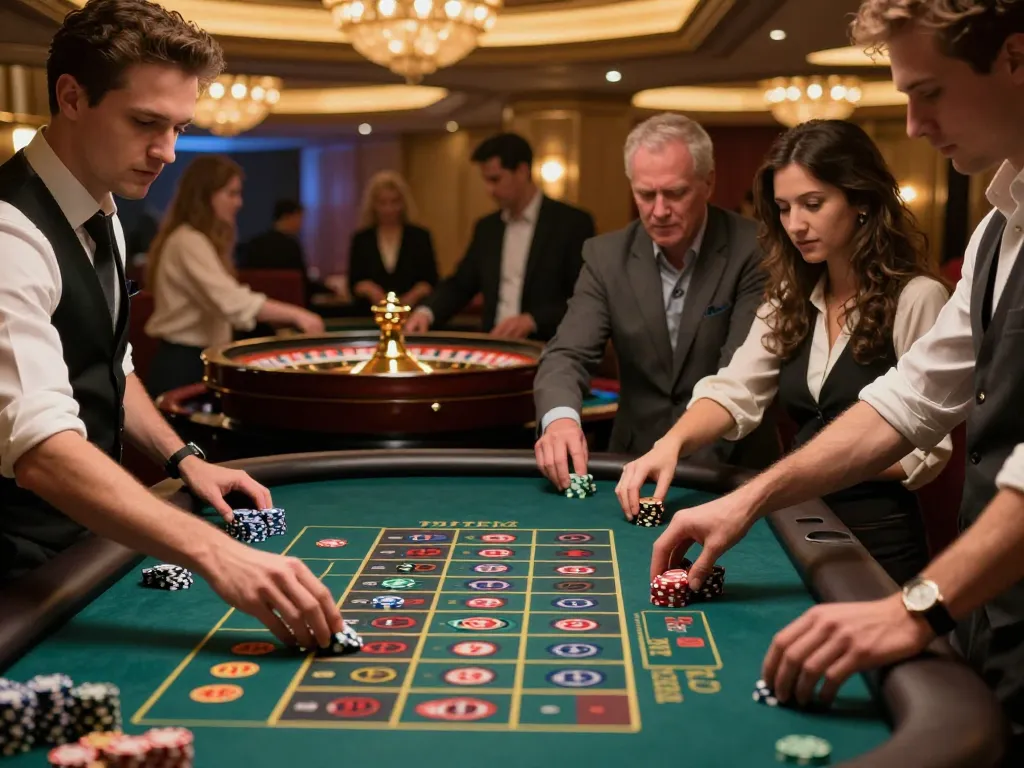 Players engaging in thrilling roulette gameplay at 33winn's elegant casino, capturing the excitement of casino action.