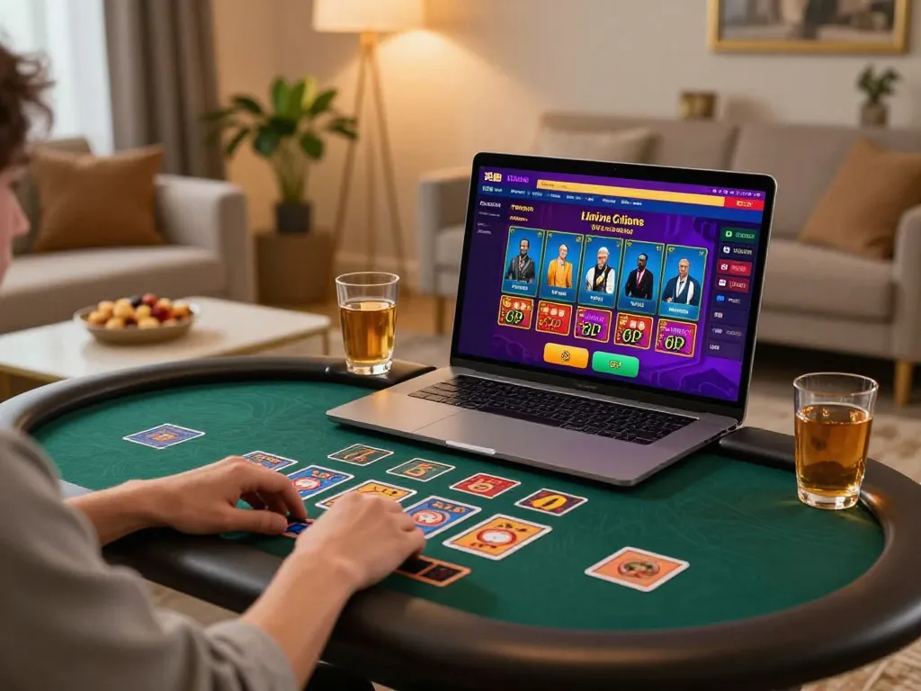 SV66 online casino gaming scene with live dealer interaction on a laptop in a cozy setting.