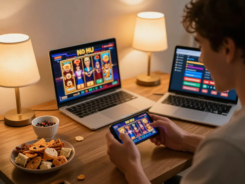 Player joyfully spins No Hu on smartphone amidst a cozy home setting for online gaming.