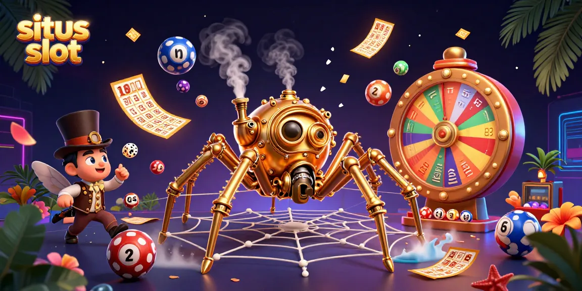 Experience the thrill of situs slot with a lively scene featuring a steampunk spider, casino elements, and vibrant colors.