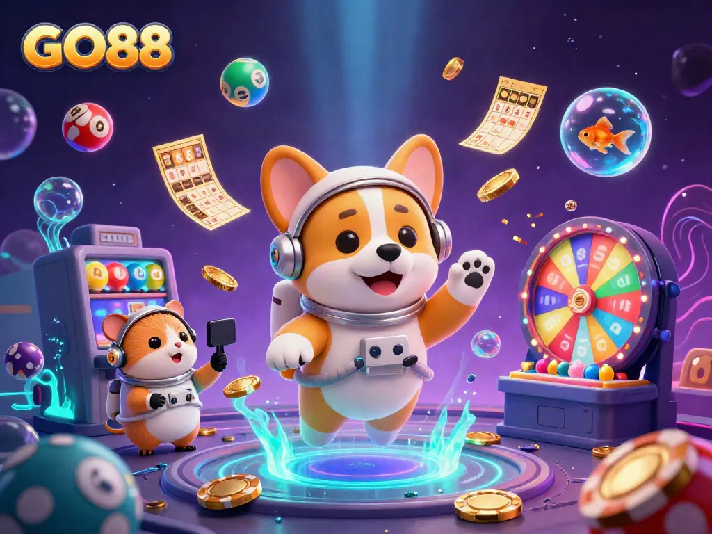 Experience GO88's cosmic casino scene featuring a floating corgi, vibrant lottery elements, and immersive atmosphere.