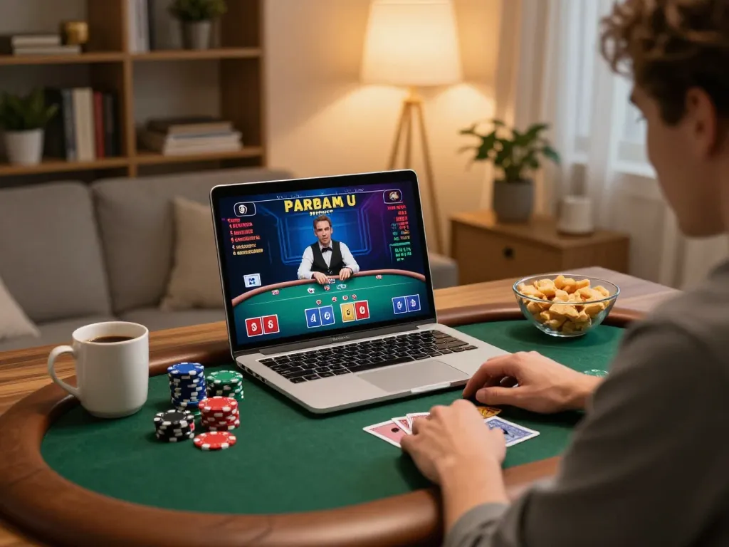 Hitclub player enjoying an online poker game at home, laptop displaying casino interface with cards and chips.