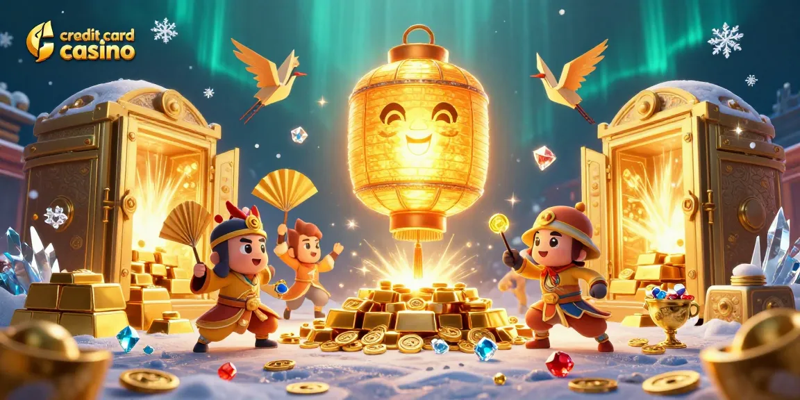 Engage with the vibrant scene of a credit card casino, featuring golden elements and animated characters.