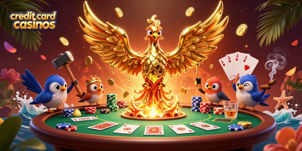 Experience the excitement of credit card casinos with molten gold phoenix and poker elements.
