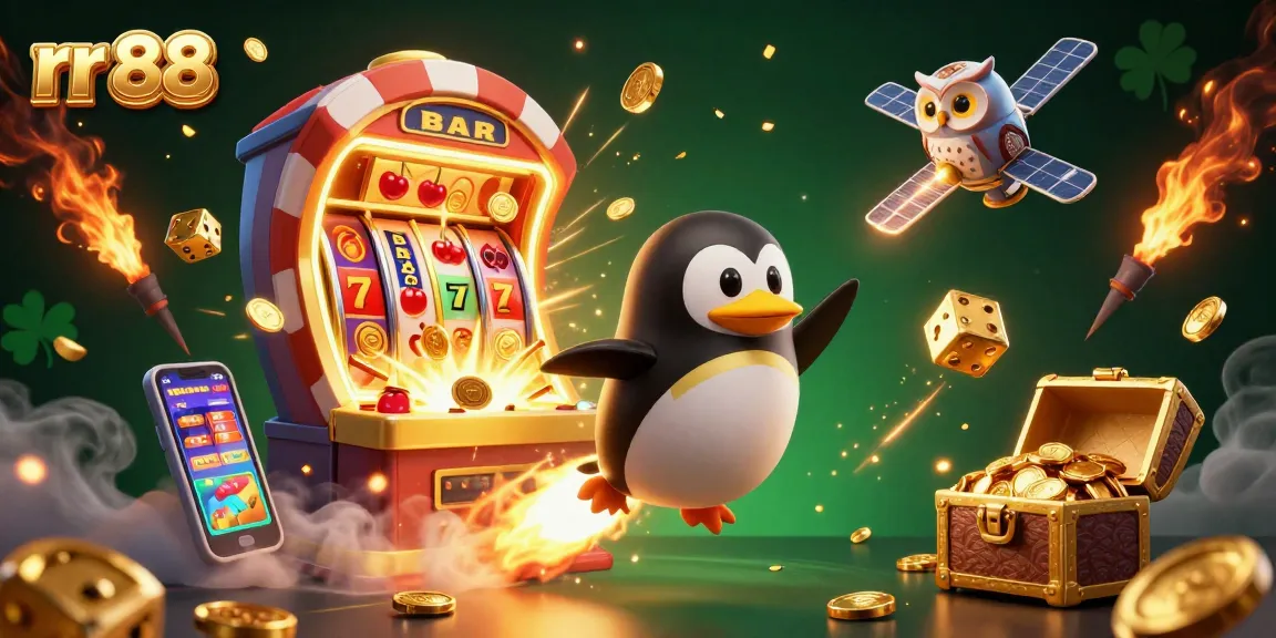 Play with rr 88’s thrilling golden penguin in a vibrant, action-packed casino space scene.