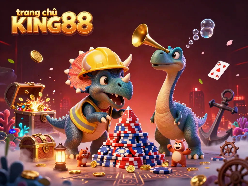 Engage with the vibrant world of trang chủ KING88 as a triceratops and friends celebrate casino wins amidst dynamic gaming elements.