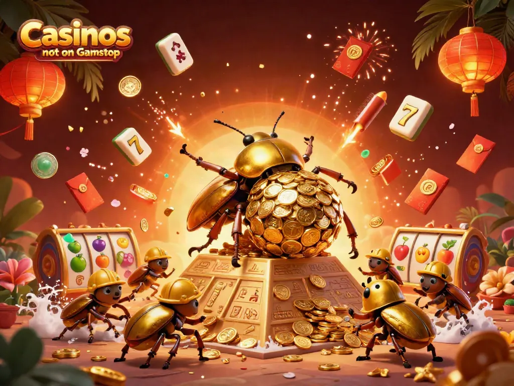 Experience adventure with Casinos not on Gamstop: golden beetles rolling coins in a vibrant casino scene.
