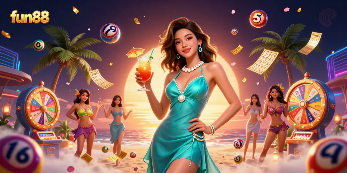 Engage with fun88's vibrant online casino experience featuring an alluring Asian woman enjoying a tropical cocktail amid a dynamic scene of exciting gambling elements.