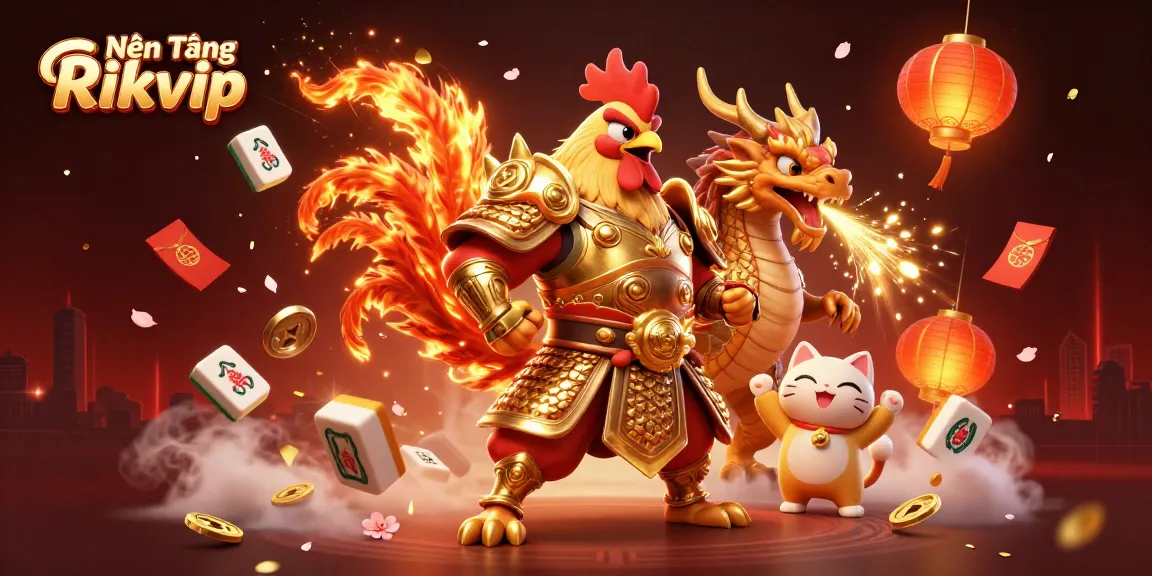Nền Tảng Rikvip featuring a fighting rooster samurai and dragon with vibrant gaming elements