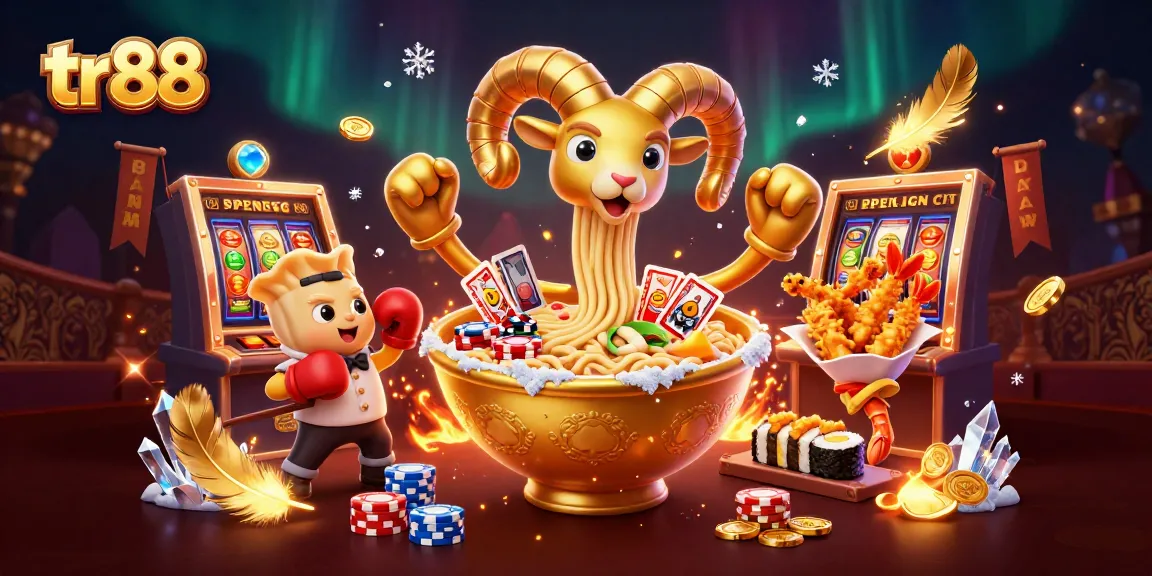 tr88's giant ramen bowl dealer stacking chips and cards amidst a vibrant casino scene.
