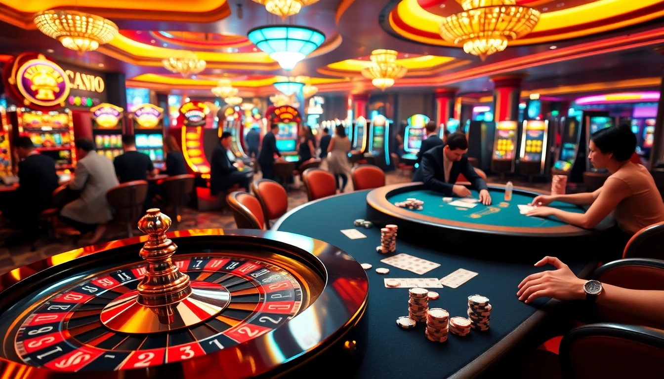 Experience the excitement of gambling at trang chủ da88 with a vibrant casino scene showcasing roulette, slots, and poker.