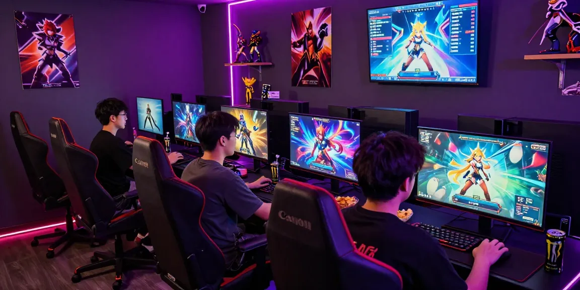 Gamers immersed in vibrant hentai game experience in a colorful gaming lounge