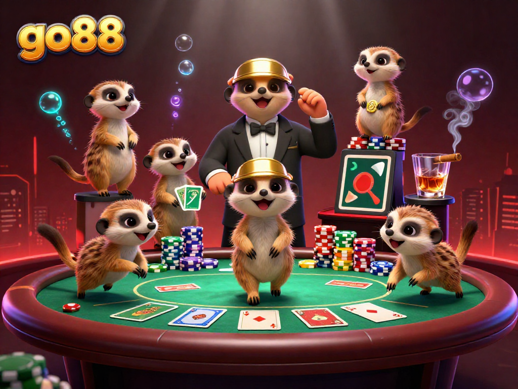 Experience excitement with go88 as meerkats run a busy poker casino, surrounded by vibrant elements and gameplay.