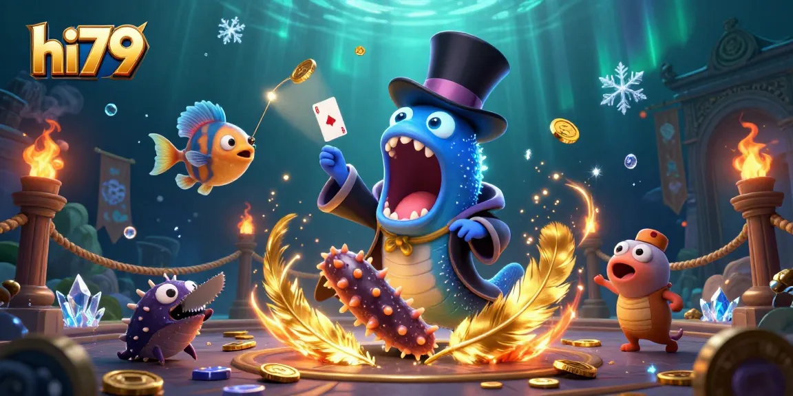 Engage in thrilling gameplay at hi79 with vibrant 3D sea creatures performing magical tricks amid casino elements.