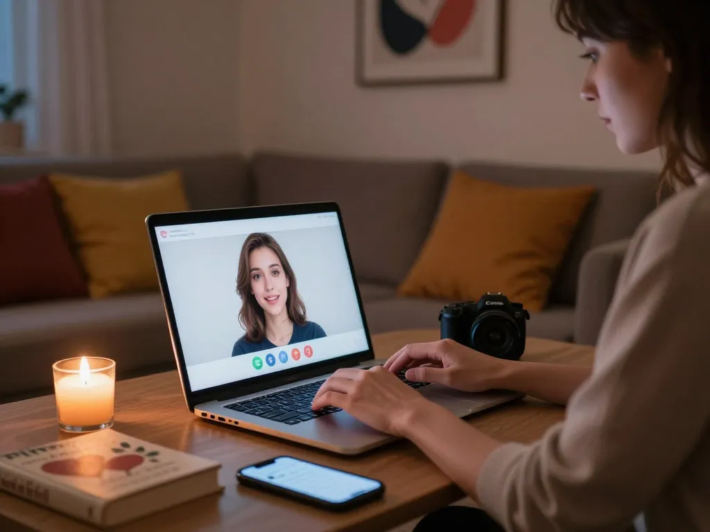 Engaging in ai porn chat on a laptop in a cozy atmosphere with warm lighting and romantic decor