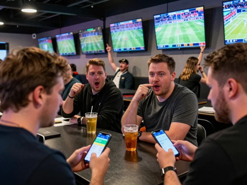 A sports fan engaging with the mubet app to place bets during a game, surrounded by friends, in a lively betting venue.
