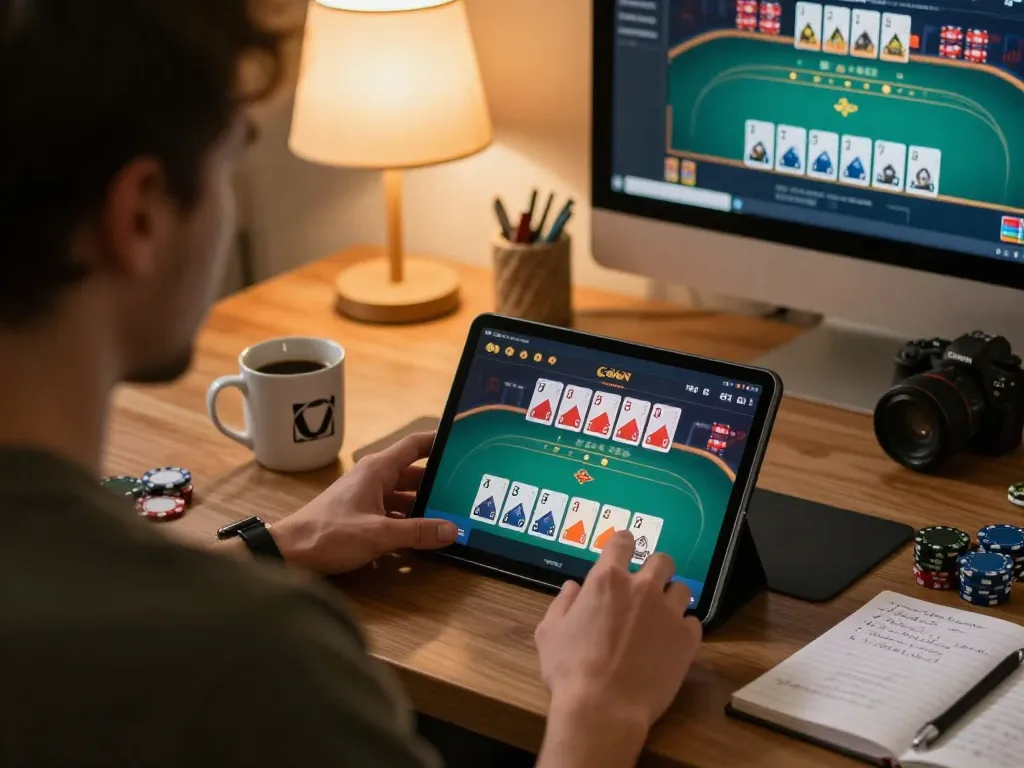 Engaging player enjoying online casino games on https://mm88.london/, strategizing with betting notes and cozy at-home ambiance.