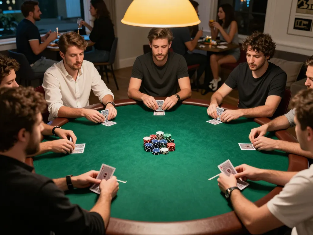 Players engage in an intense poker game at home, showcasing a vibrant 999bet poker night atmosphere.