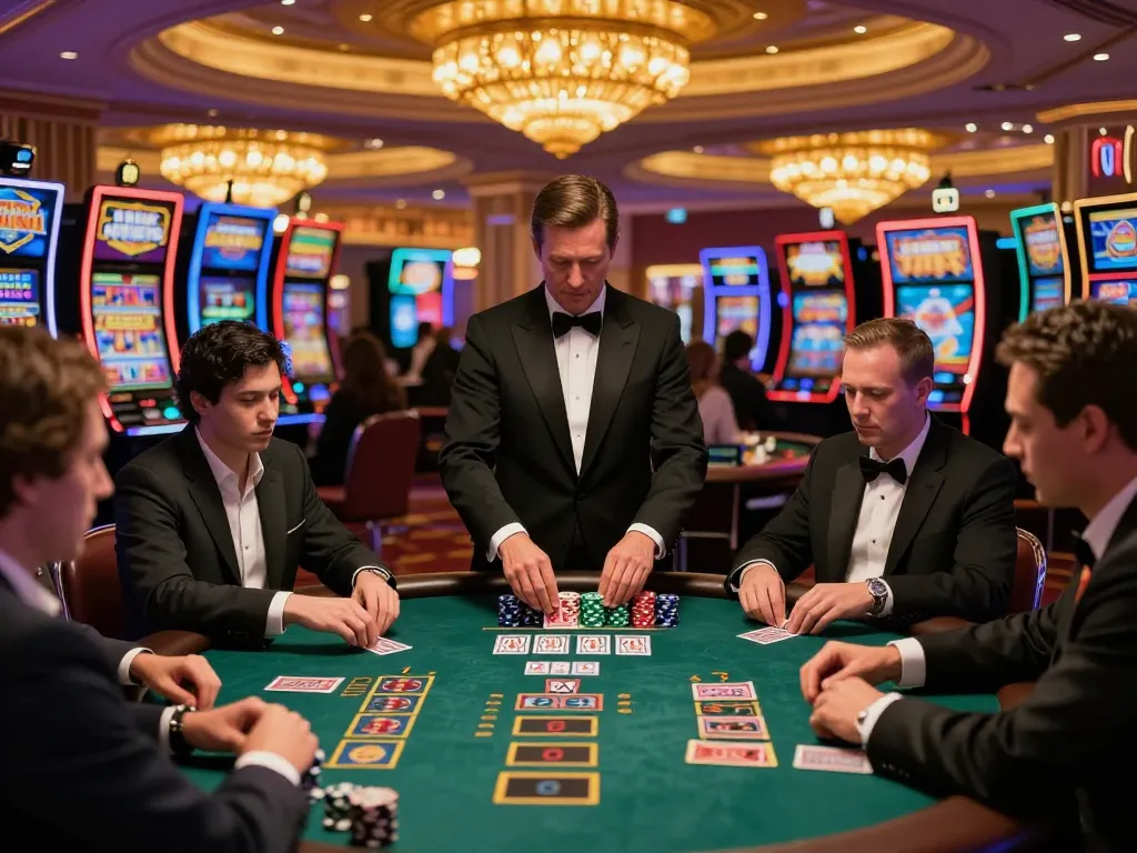 Engaged players strategizing at a blackjack table in a vibrant casino, showcasing fc88 gaming excitement and action.