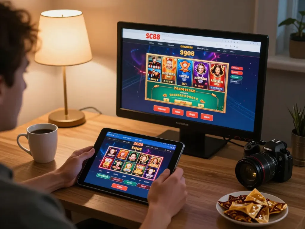 Player enjoying live casino games on SC88 tablet at home, creating a vibrant and engaging online gaming atmosphere