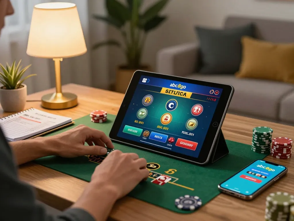 Person using the abc8go casino app on a tablet while surrounded by gaming strategy notes.