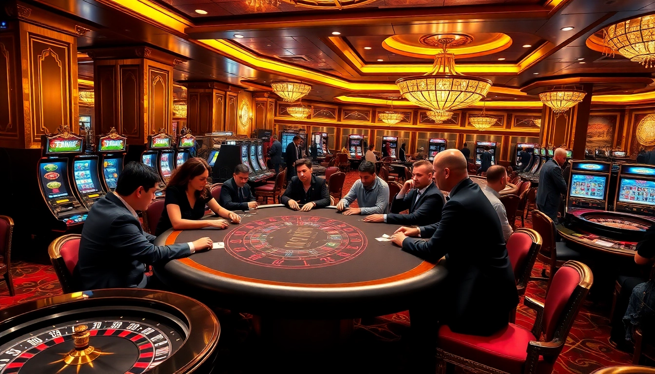 Exciting gameplay at nhà cái 23Win with players at a casino table and slot machines.