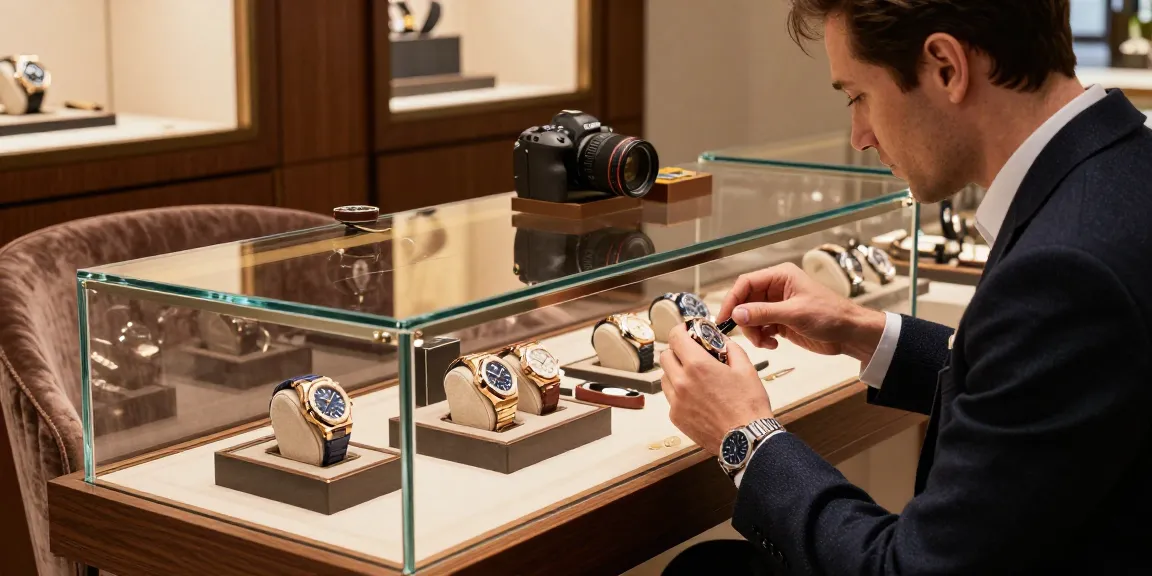 Discovering a premium replica watch in an elegant boutique setting, highlighting artistry and craftsmanship.