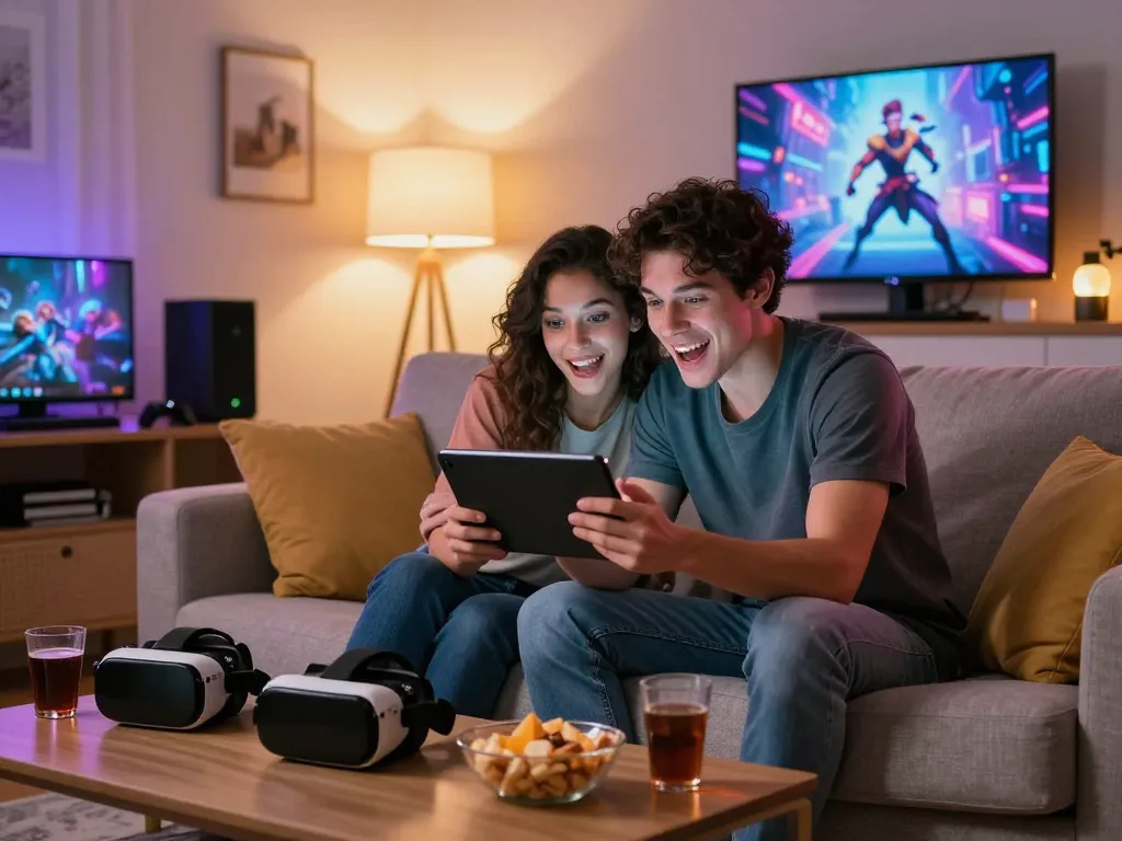 Couple enjoying porn games on a tablet in cozy living room setting.
