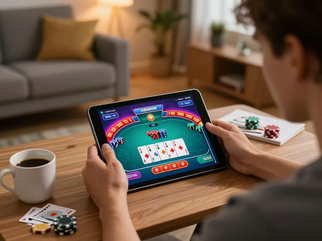 Player using tablet for online poker game while tracking strategy notes, highlighting ATQ 777x experience in 2026.