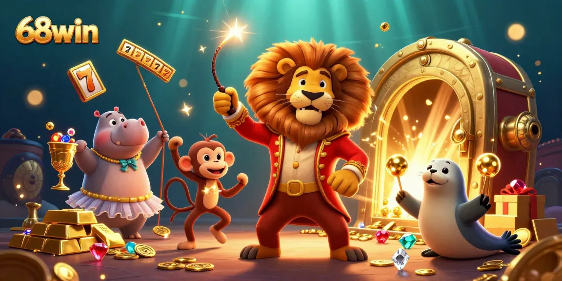 Experience thrilling slot games with 68win, featuring dynamic 3D characters amid sparkling treasures.