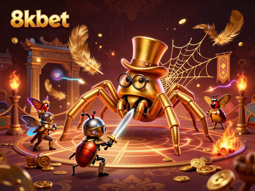 Engage in thrilling adventures with 8xbet as a golden tarantula and beetle knight navigate a cinematic casino world.