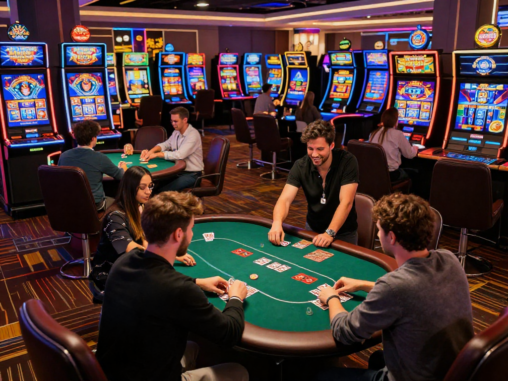 Players enjoying thrilling games at non UK casinos not registered on Gamstop with vibrant neon lights and engaging slot machines.