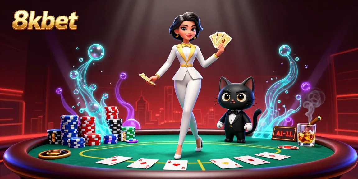 Enjoy thrilling gaming action with 8xbet as a glamorous dealer shuffles cards amidst colorful poker chips.