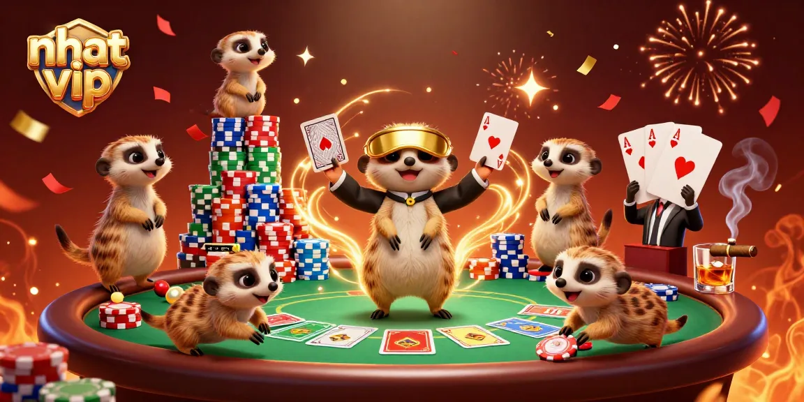 Experience the excitement of nhat vip casino with engaging meerkat characters at a vibrant poker table.
