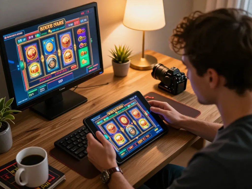 Engaged player enjoying online gaming at https://ga88bet.com/ with tablet showing slot games, cozy home environment