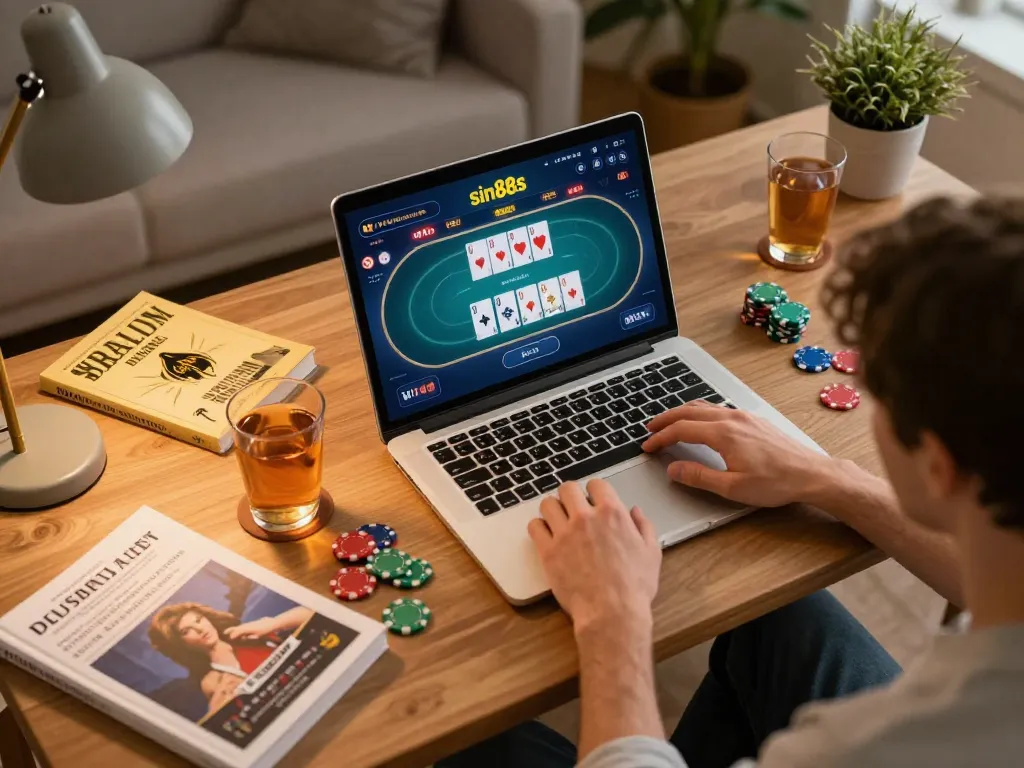 Play poker on sin88s with a cozy home setup featuring cards and strategy notes