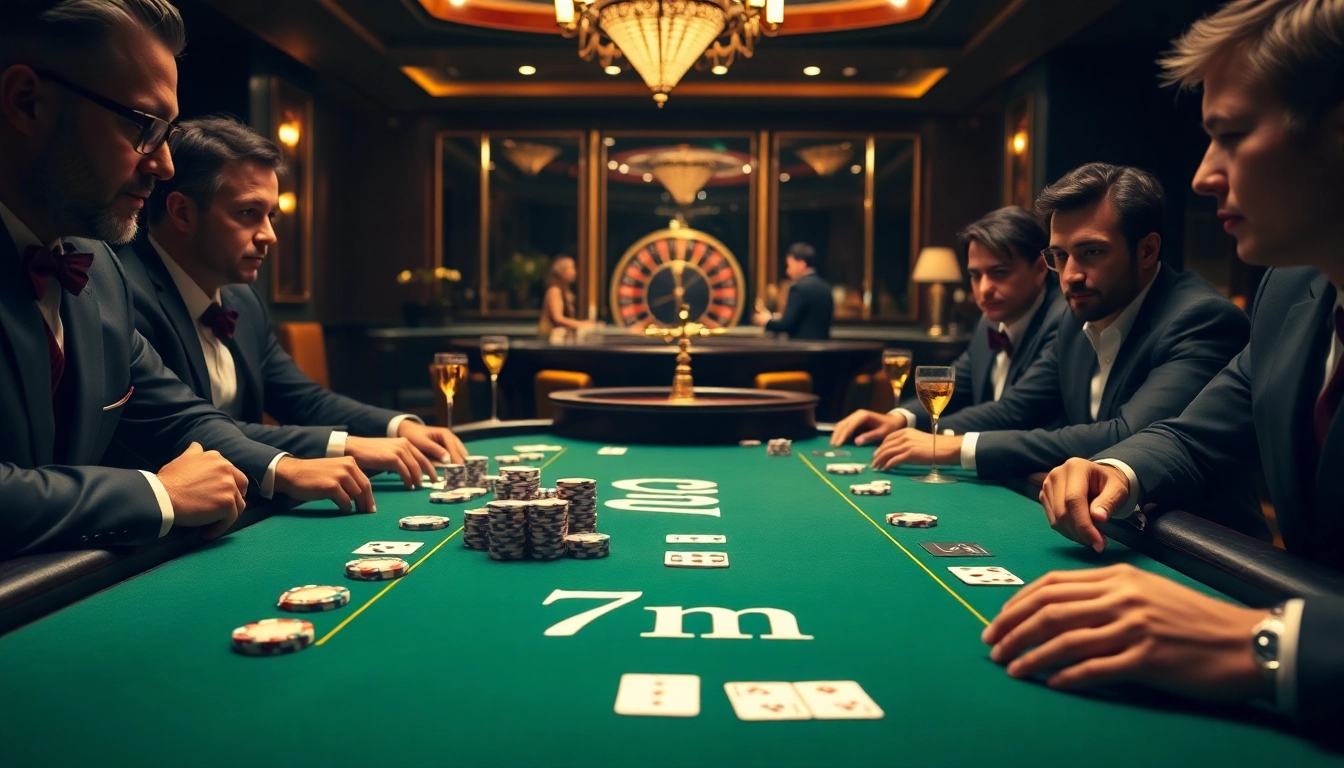 Gamblers play poker with 7m chips and cards at a luxury casino table.
