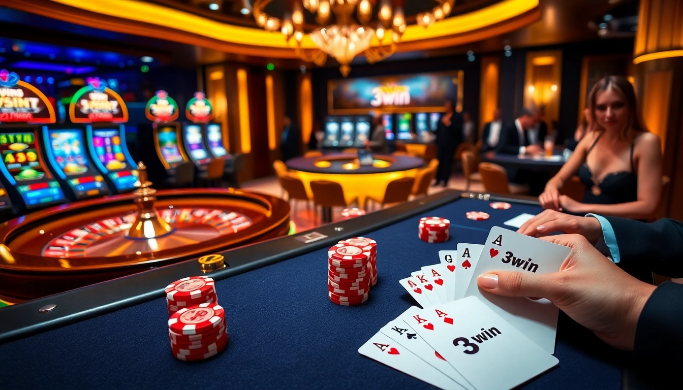 Exciting casino scene depicting players at a 3win poker table with vibrant chips and cards.