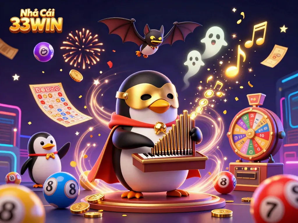 Engaging Nhà Cái 33WIN scene with a whimsical penguin playing a golden organ amidst lively casino elements.