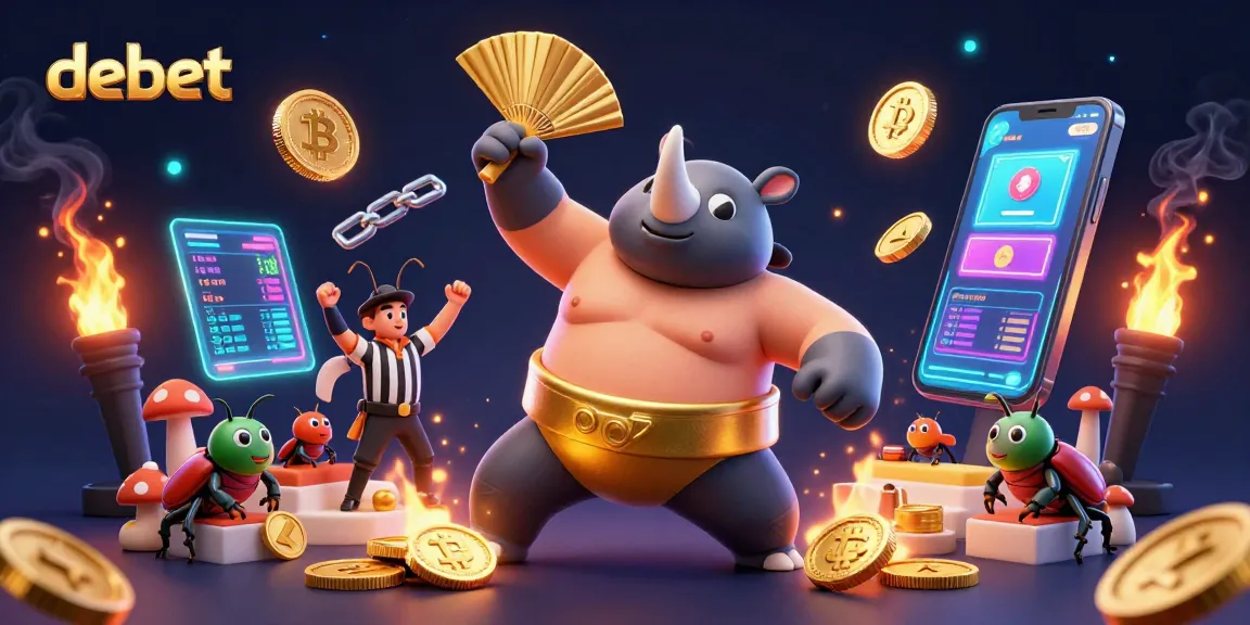 Engage in thrilling action with debet's dynamic gaming experience featuring animated characters and cryptocurrency elements.