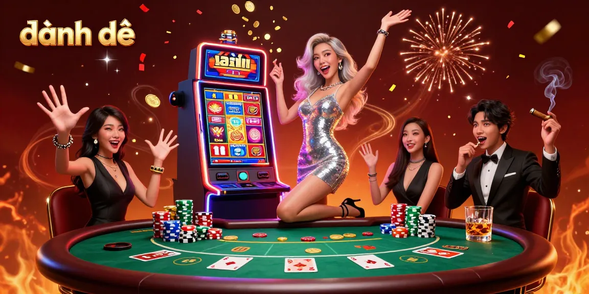 Experience playing đánh đề amidst vibrant casino celebrations with neon lights and jackpot excitement.