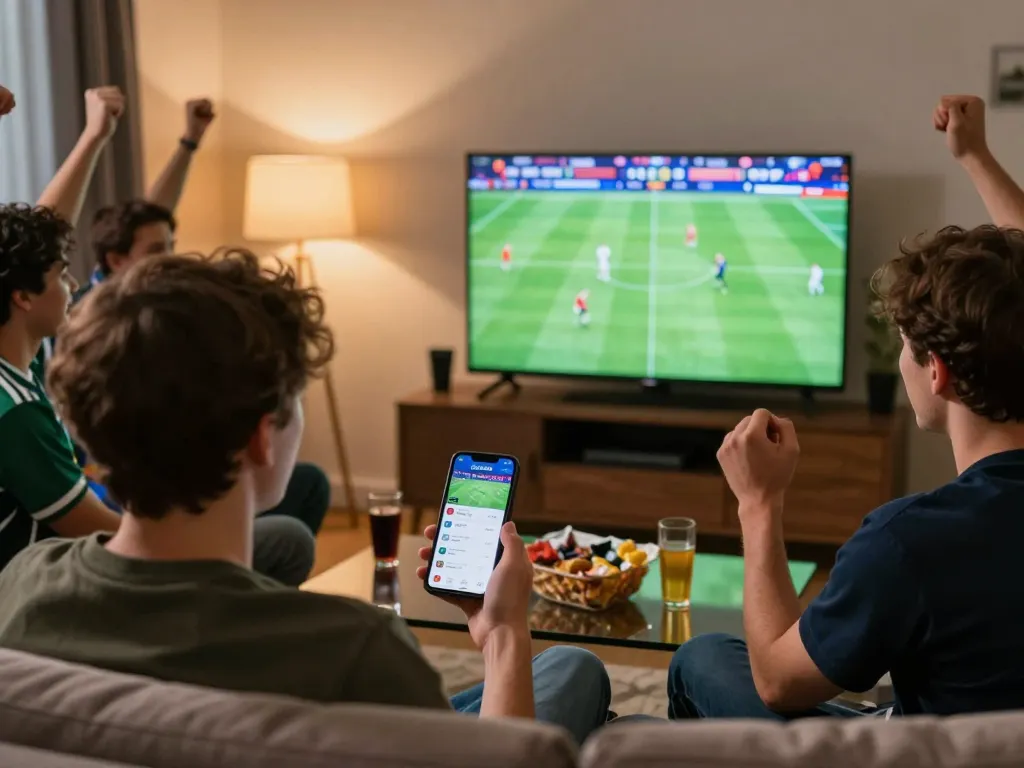 Excited viewer using vsc10 sports betting app while watching live football match at home.