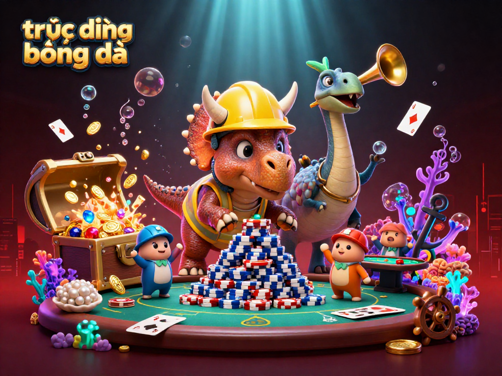 Experience trực tiếp bóng đá action with a triceratops building poker chip towers amid vibrant casino elements.