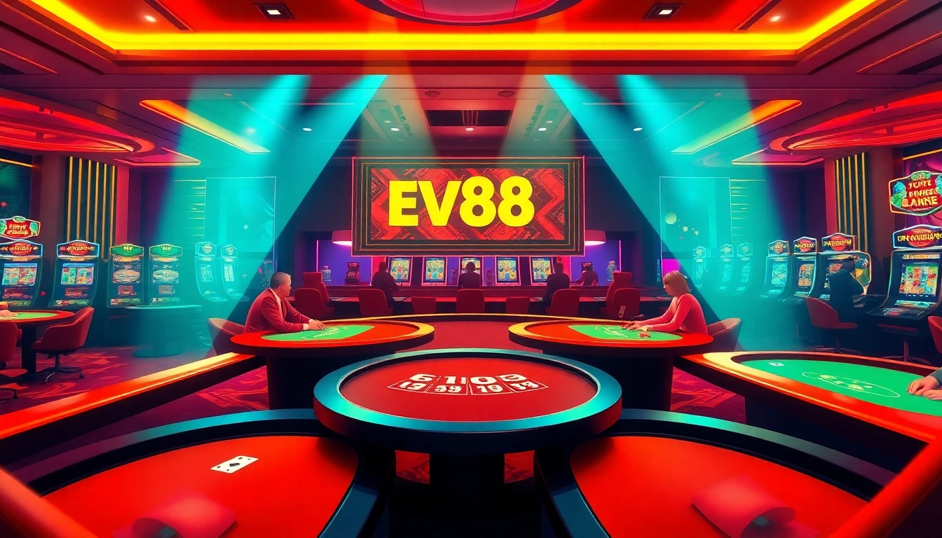 Experience the excitement of ev88win.live with a luxurious online casino scene featuring dynamic gaming action.