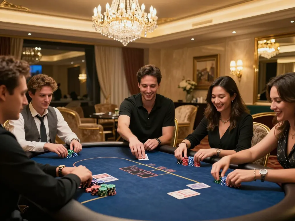 Go99 players strategizing at an upscale poker table in a luxurious high-roller room