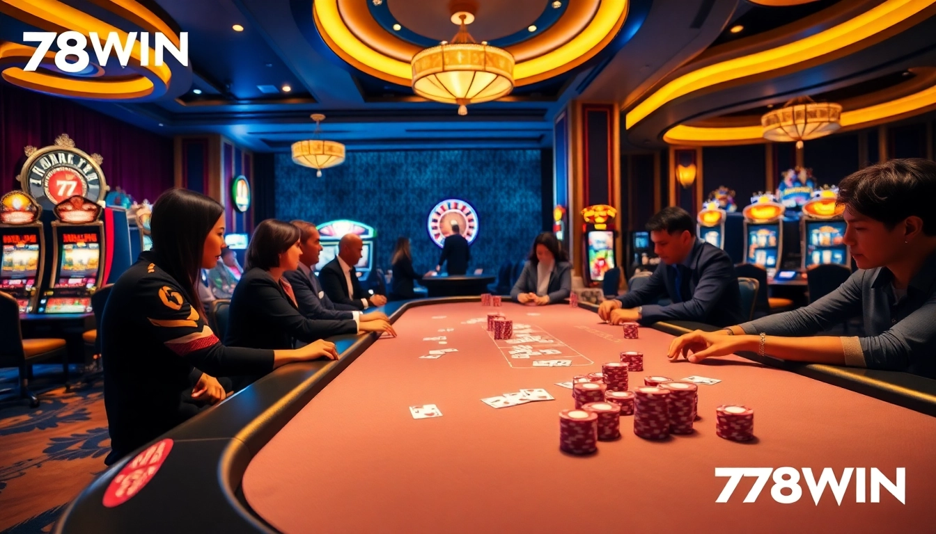 Experience thrilling poker action at 78WIN's upscale casino tables with vibrant chips and cards.