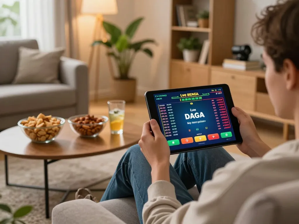 Using the DAGA app for live betting in a cozy home setting with real-time odds displayed.
